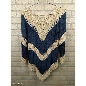 Vivid Importers of NY Tunic Boho Top Blouse Size L Blue Ivory Macrame Crochet